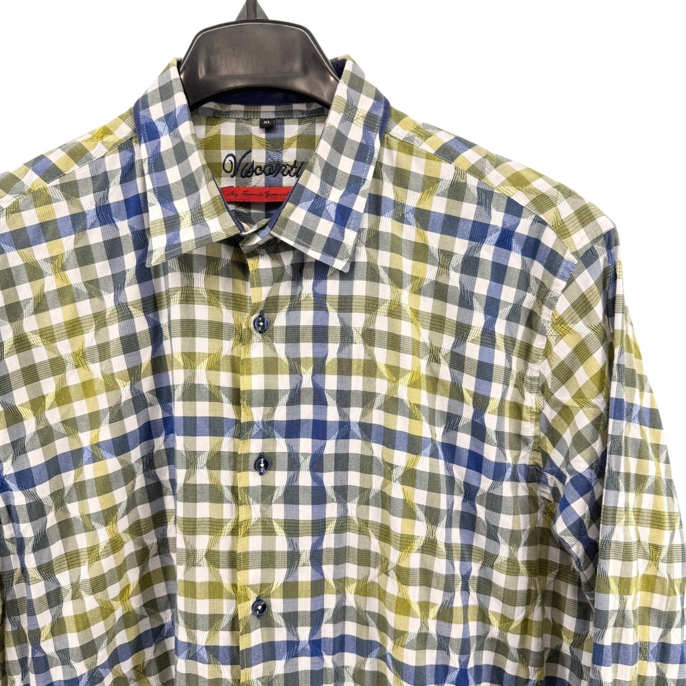 Luchiano Visconti Geometric Men XL Pre-Owned Green Blue Plaid Dress Shirt Turkey